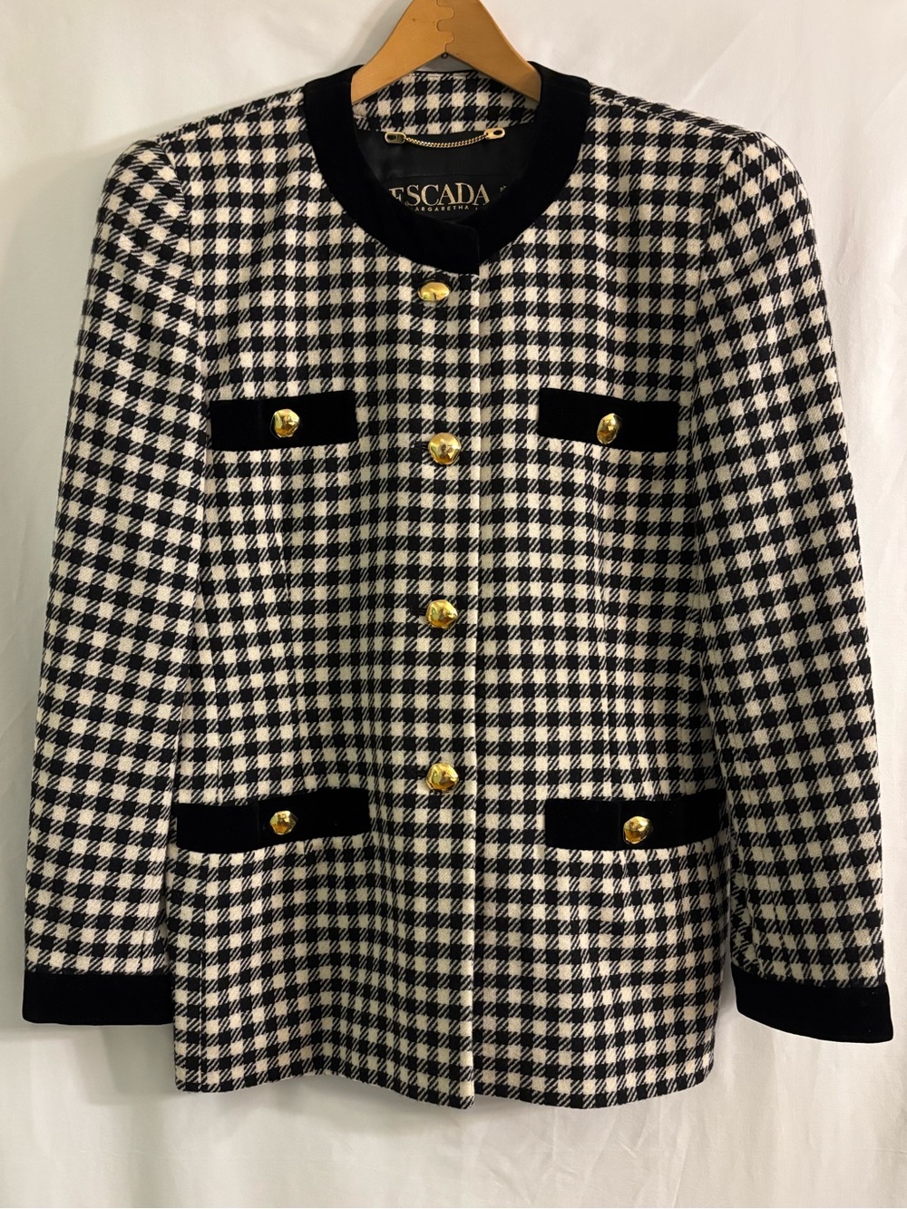 Escada Black & White Houndstooth Gold-Button Wool Jacket